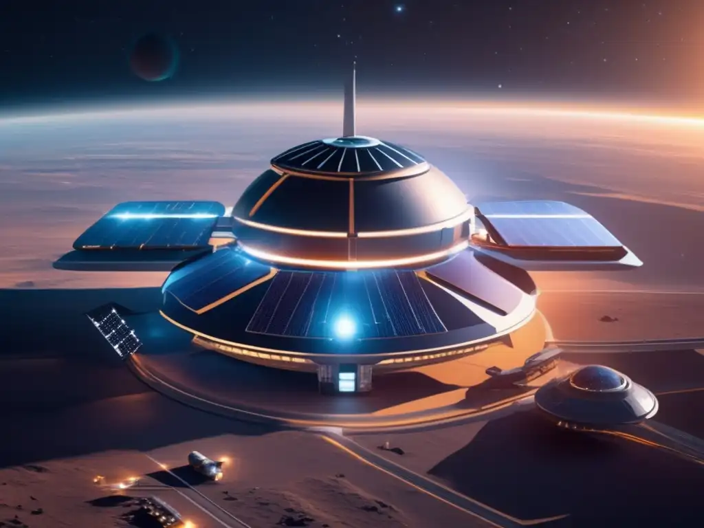 Estación espacial futurista y reciclaje Estación espacial futurista con reciclaje de materiales en gravedad cero