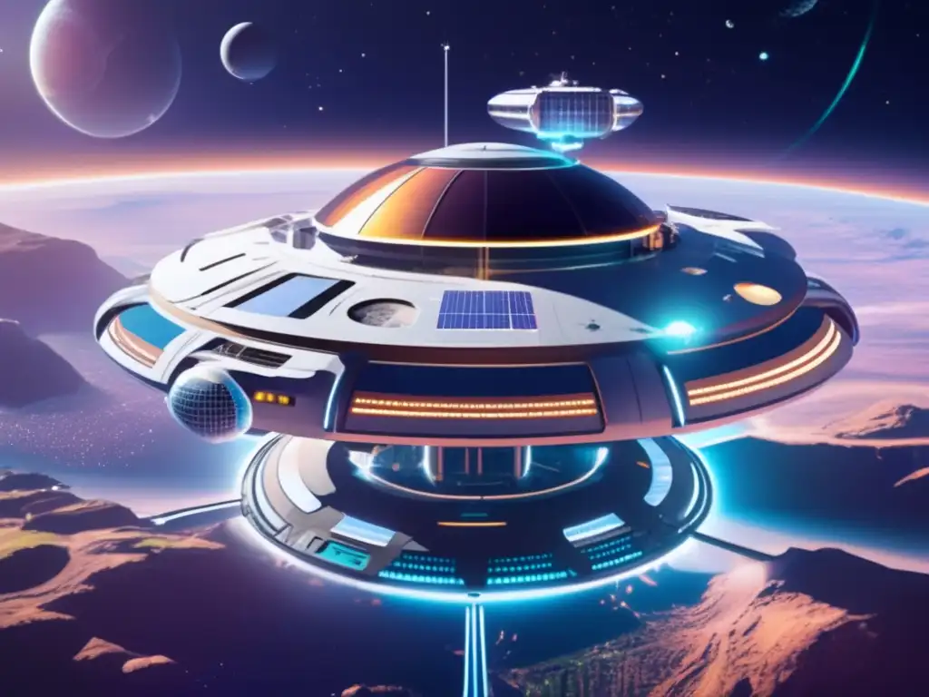 Estación espacial futurista en el espacio Estación espacial futurista con ética en extracción de recursos espaciales