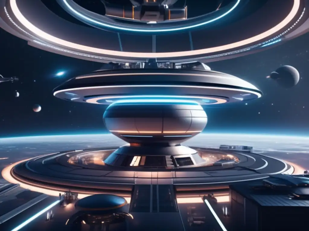 Estación espacial futurista con robots autónomos: Exploración autónoma de asteroides