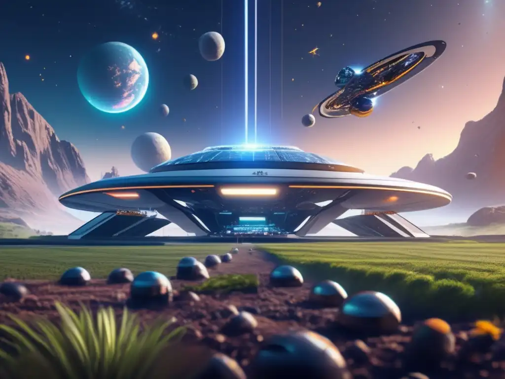 Futurista estación espacial rodeada de asteroides Estación espacial futurista rodeada de asteroides, simbolizando la explotación sostenible de asteroides