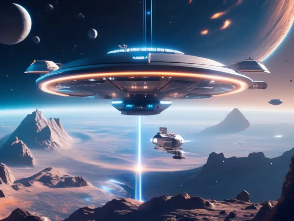 Estación espacial futurista en el espacio Estación espacial futurista rodeada de asteroides: Financiamiento internacional carrera asteroides