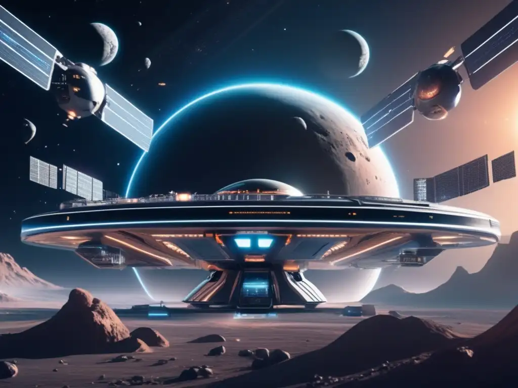 Estación espacial futurista y asteroides Estación espacial futurista rodeada de asteroides troyanos, simbolizando el potencial de la economía global futura