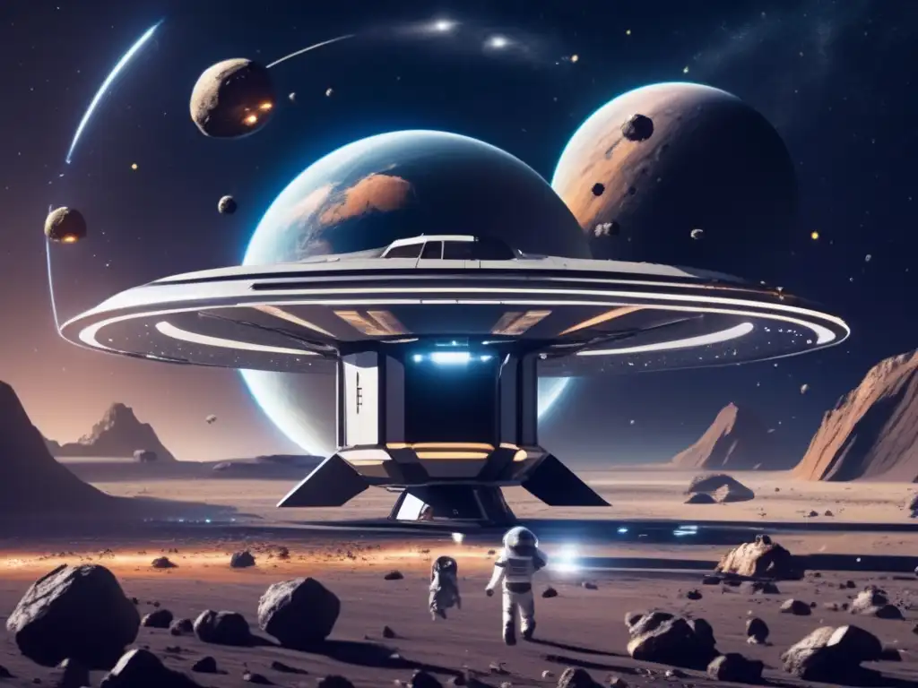 Estación espacial futurista rodeada de asteroides, astronautas extraen minerales