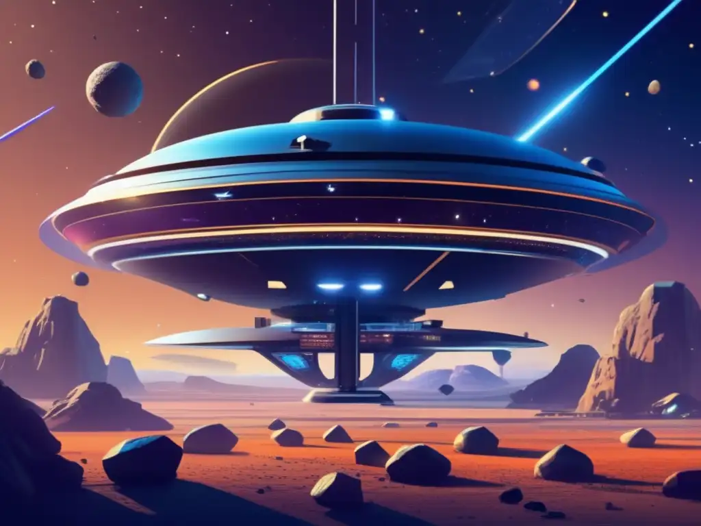 Estación espacial futurista rodeada de asteroides: vida espacial con microorganismos y ingeniería genética