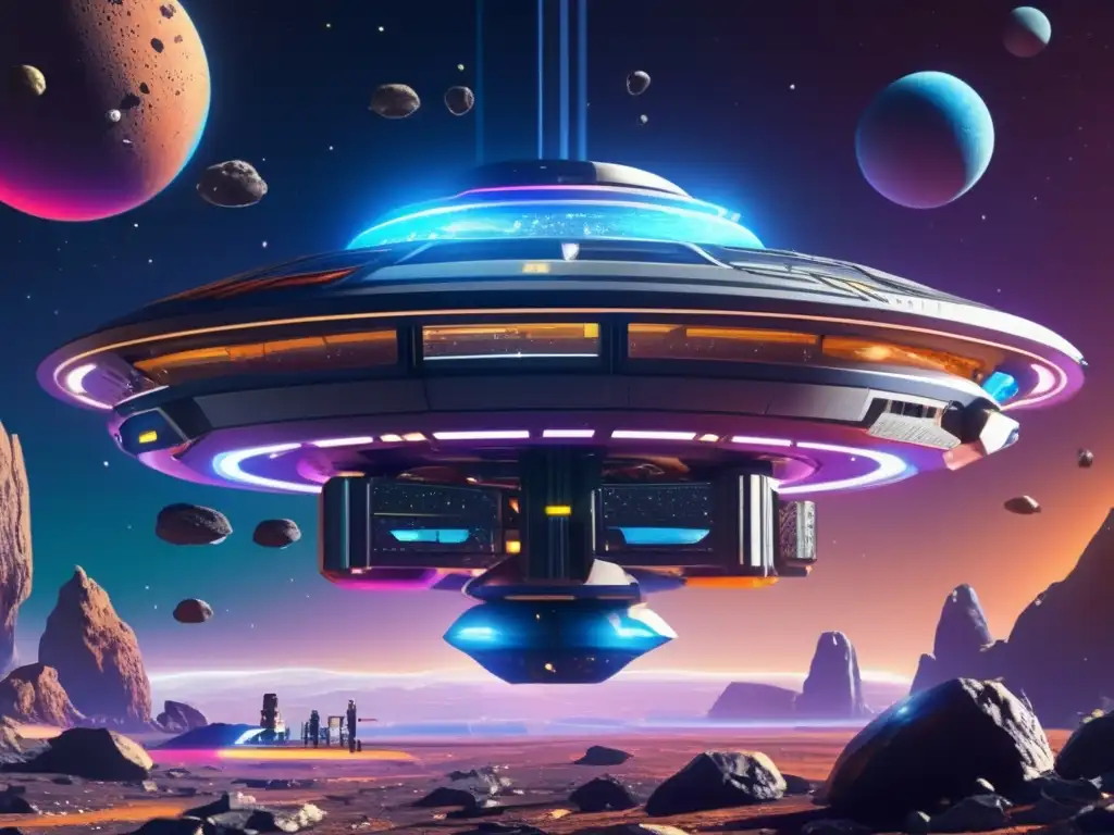 Estación espacial futurista y asteroides Estación espacial futurista rodeada de asteroides, con colores vibrantes y detalles intrincados