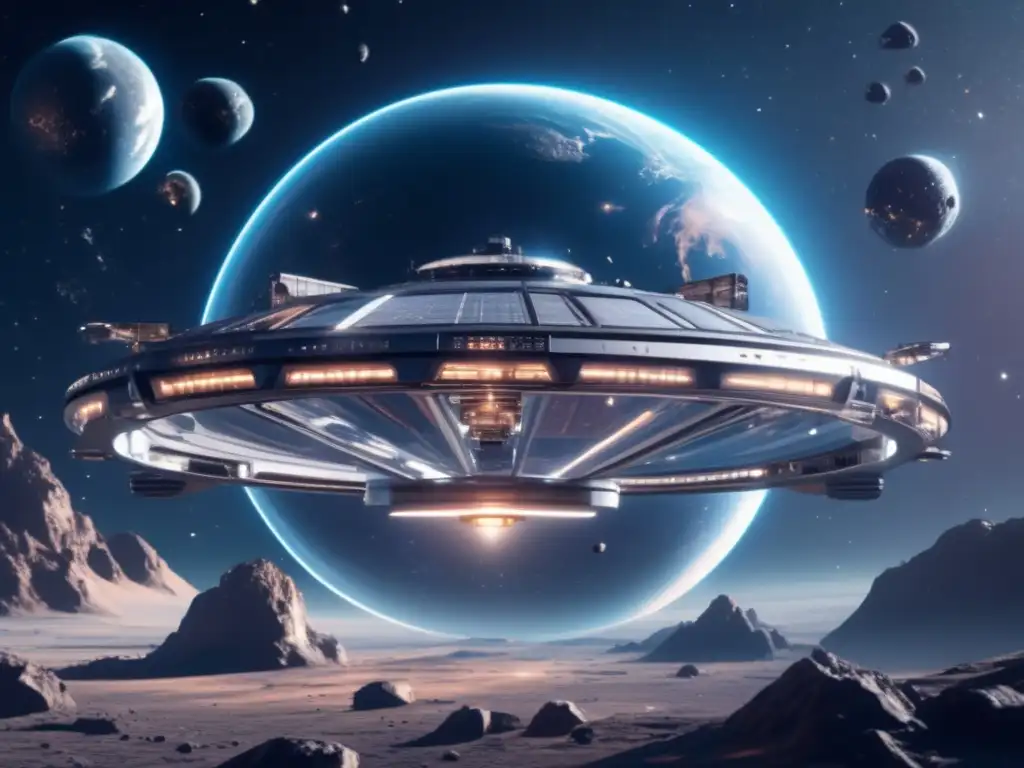 Estación espacial futurista rodeada de asteroides, simbolizando la ética en la carrera espacial