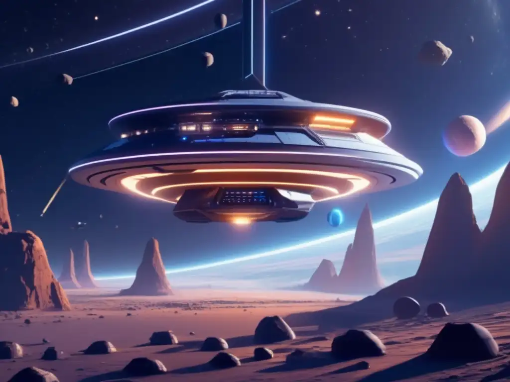 Estación espacial futurista rodeada de asteroides, reflejando energía solar espacial en redes eléctricas