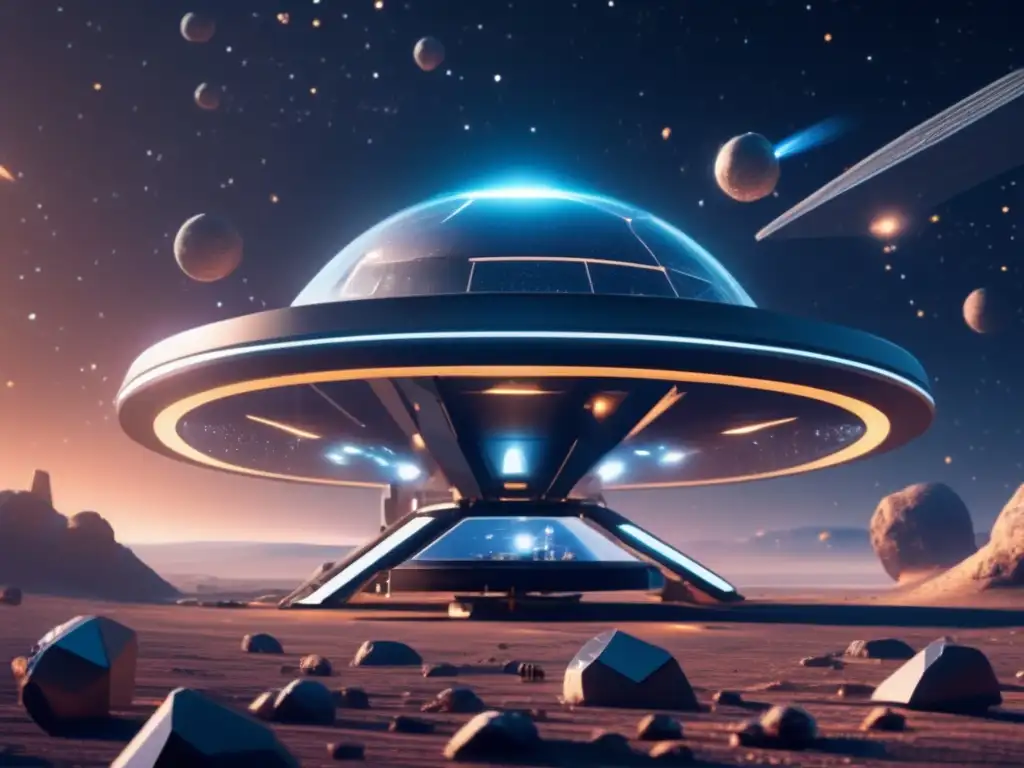 Estación espacial futurista en medio de asteroides Estación espacial futurista rodeada de asteroides: Exploración humana con asteroides