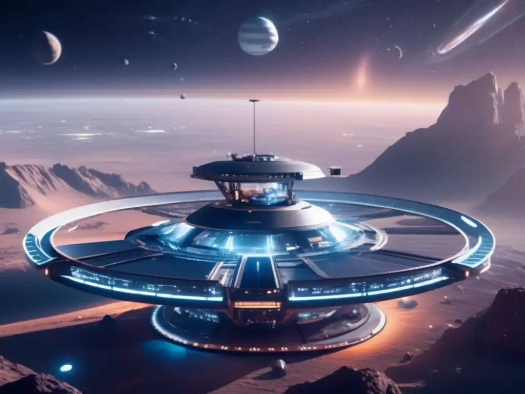 Estación espacial futurista rodeada de asteroides: tecnologías de desvío, riesgos y recompensas