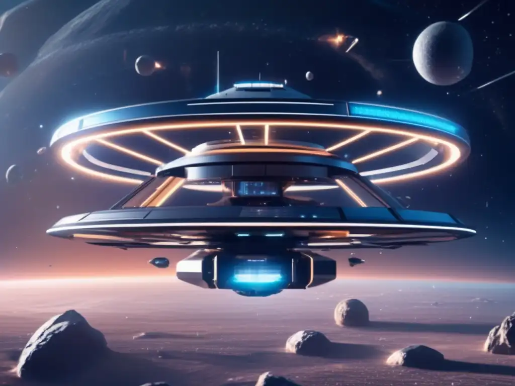 Estación espacial futurista en el cosmos Estación espacial futurista rodeada de asteroides, reflejando la belleza del cosmos y la importancia de regulaciones internacionales
