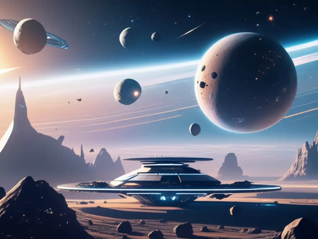 Estación espacial futurista rodeada de asteroides: Exploración de asteroides en el espacio