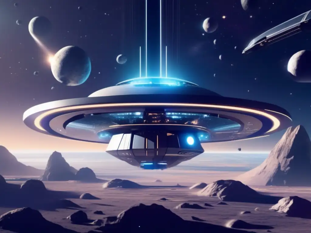 Estación espacial futurista rodeada de asteroides para inversores