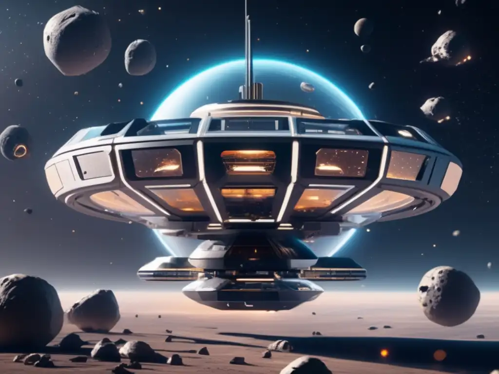 Estación espacial futurista rodeada de asteroides Estación espacial futurista rodeada de asteroides