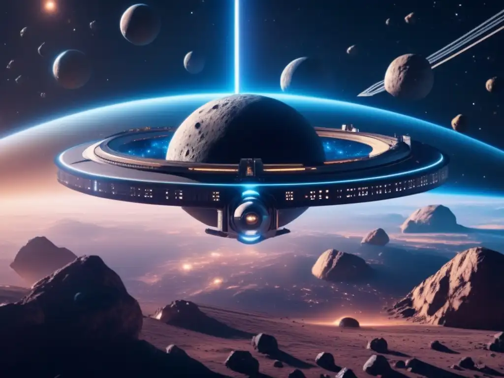 Estación espacial futurista rodeada de asteroides: Tratados de desarme espacial asteroides