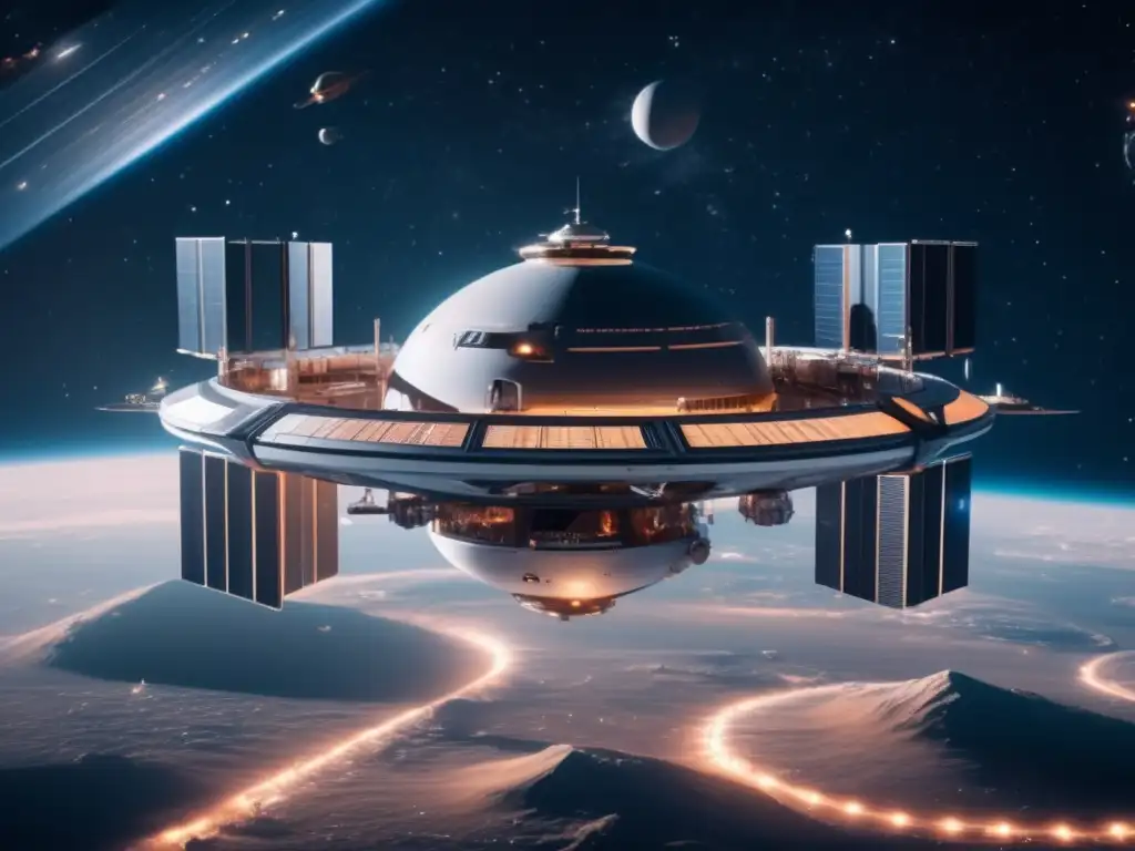 Futurista estación espacial y científicos Estación espacial futurista rodeada de cosmos, científicos identifican asteroides para minería espacial