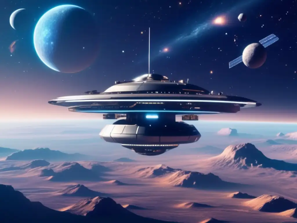 Estación espacial futurista en el espacio Estación espacial futurista rodeada de cosmos, asteroides y tecnología avanzada