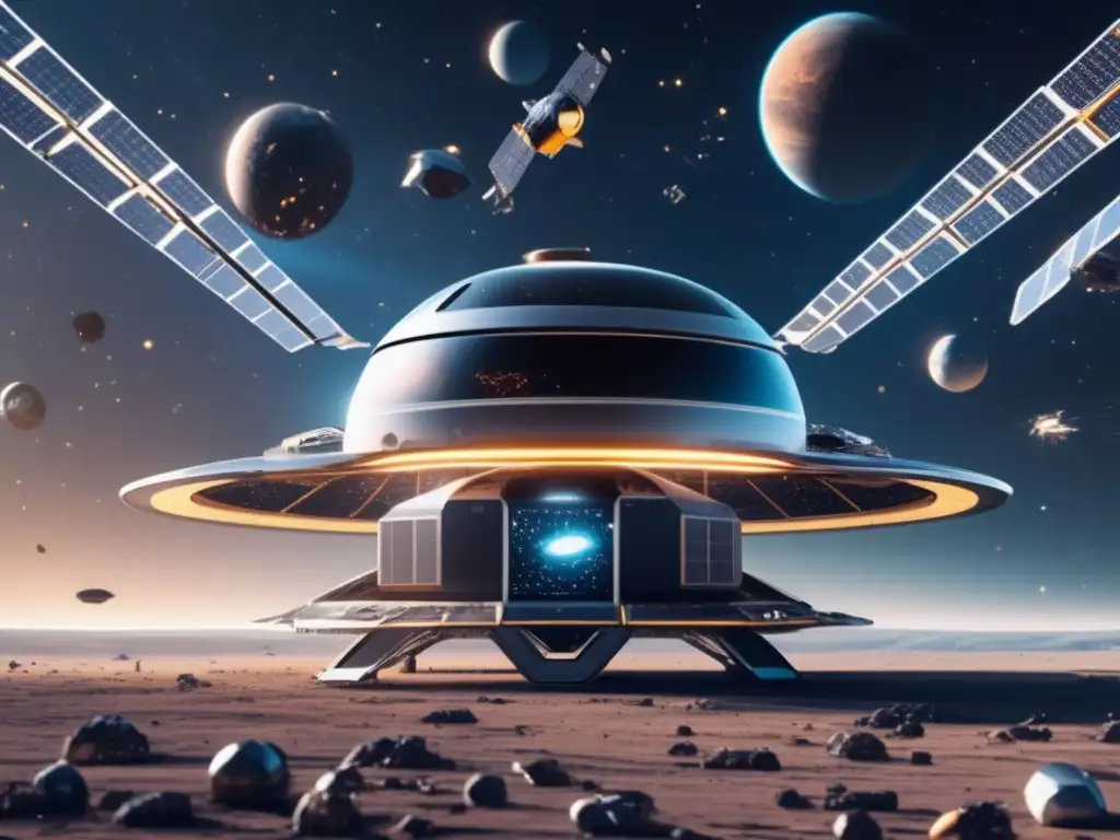 Futurista estación espacial y desechos espaciales Estación espacial futurista rodeada de desechos espaciales, representando el problema de desperdicios como recursos