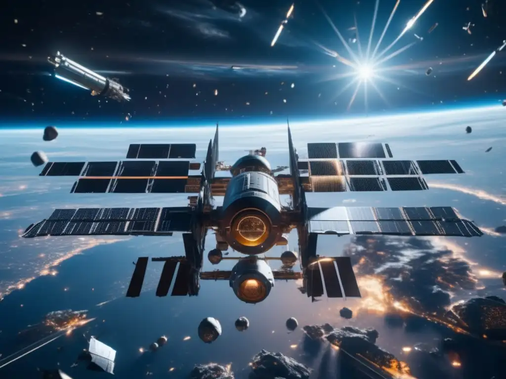 Futuro de basura espacial Estación espacial futurista rodeada de desperdicios espaciales: convertir desechos en recursos