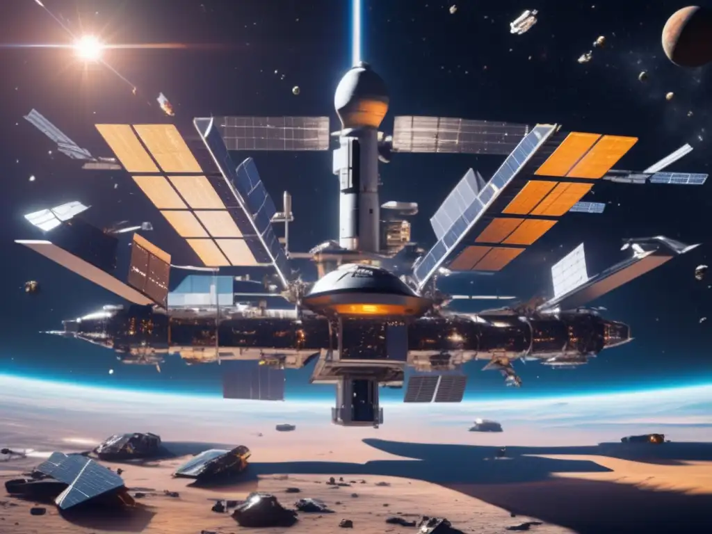 Estación espacial futurista recolectando escombros Estación espacial futurista rodeada de desperdicios espaciales, capturando recursos y energía solar