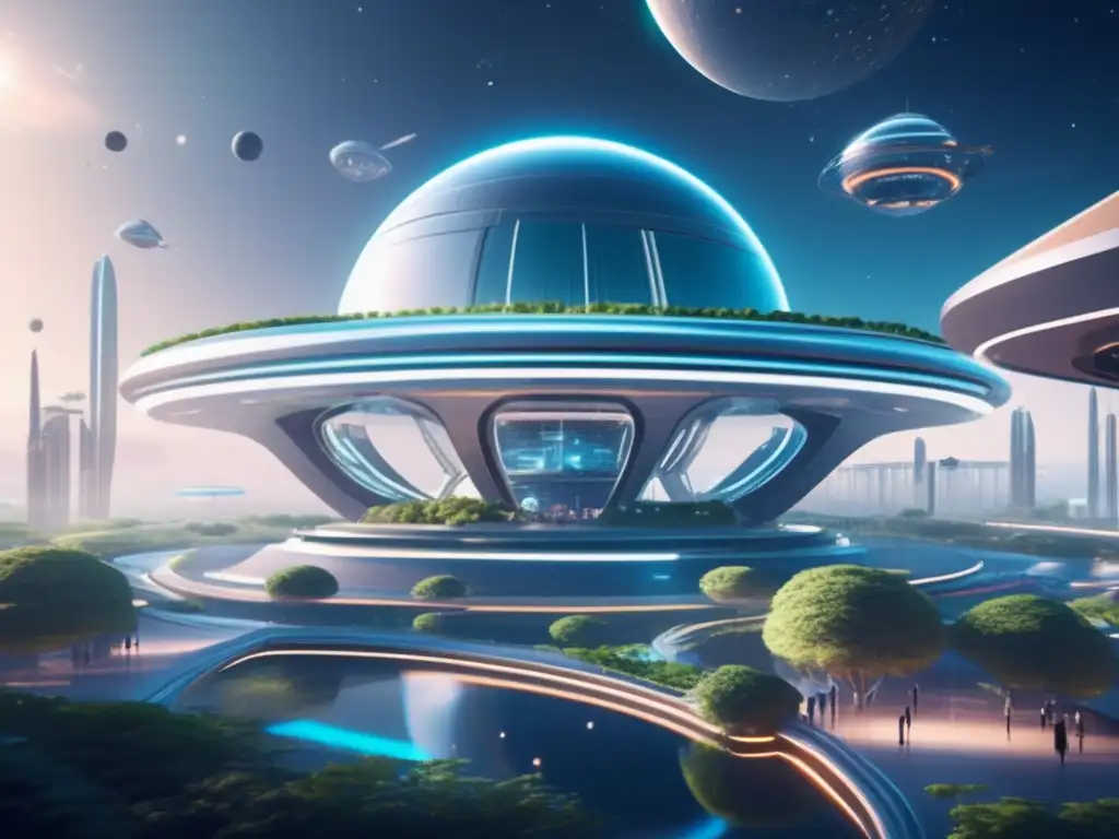 Estación espacial futurista en el espacio Estación espacial futurista rodeada de domos transparentes y vegetación vibrante