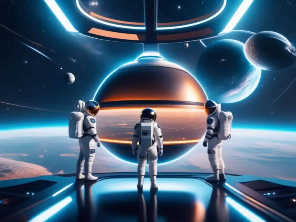 Estación espacial futurista en el espacio Estación espacial futurista rodeada de estrellas y galaxias