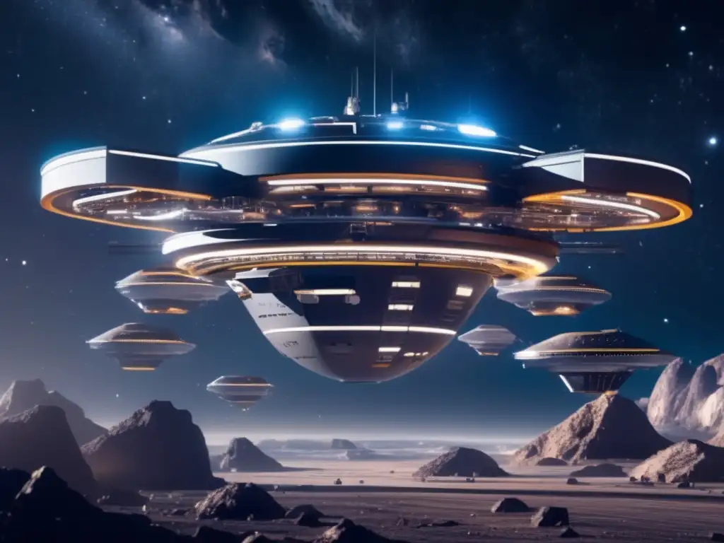 Estación espacial futurista en medio de operaciones mineras de asteroides Estación espacial futurista rodeada de minería de asteroides: desafíos y derechos legales