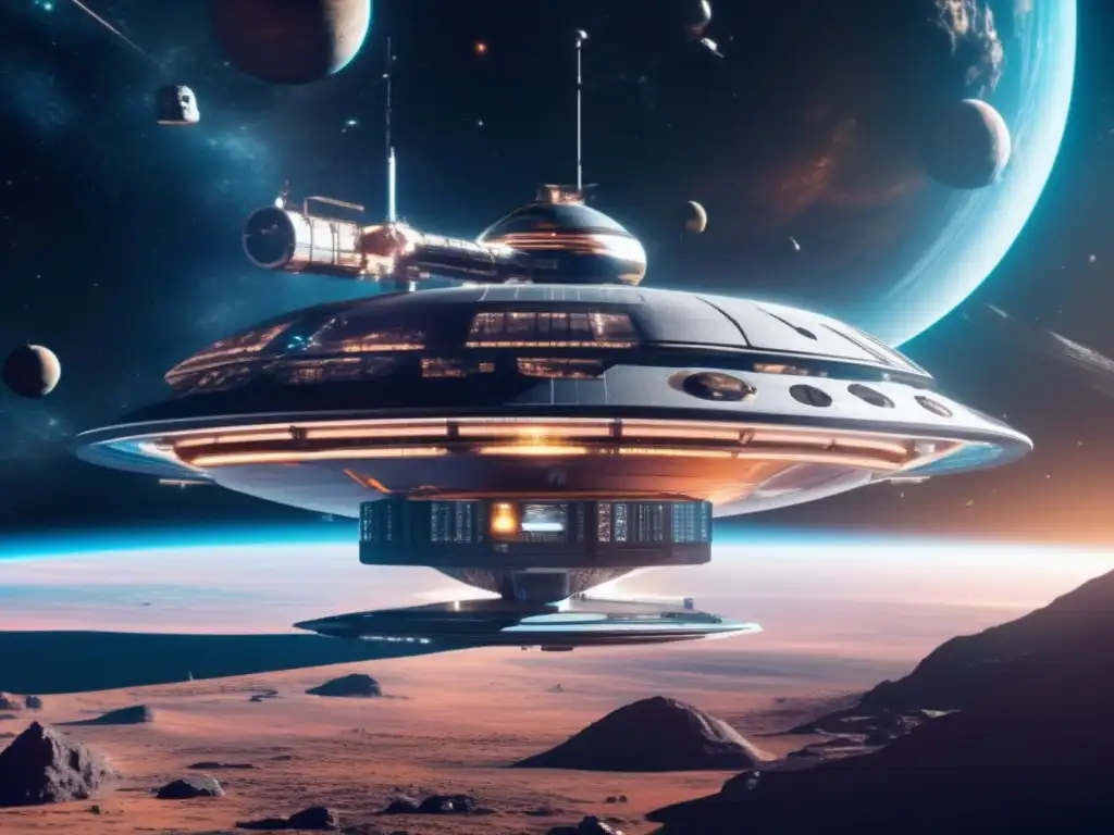 Estación espacial futurista en el espacio Estación espacial futurista rodeada de naves espaciales y asteroides