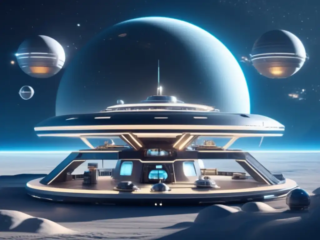 Tecnología láser defensa asteroides: Estación espacial futurista rodeada por naves láser y un asteroide amenazador