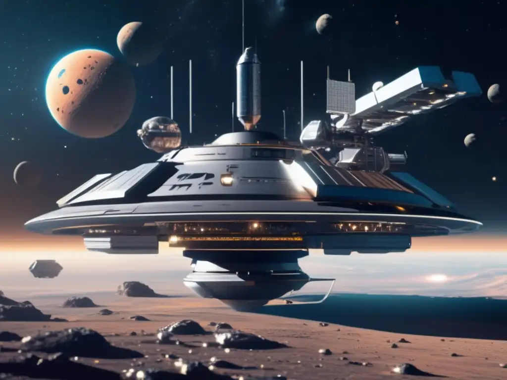 Estación espacial futurista rodeada de naves mineras en asteroides: Propiedad de asteroides y poderío económico