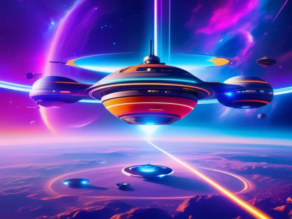 Estación espacial futurista y vibrante en el espacio Estación espacial futurista rodeada de nebulosa, científicos en trajes espaciales trabajando con biotecnología avanzada