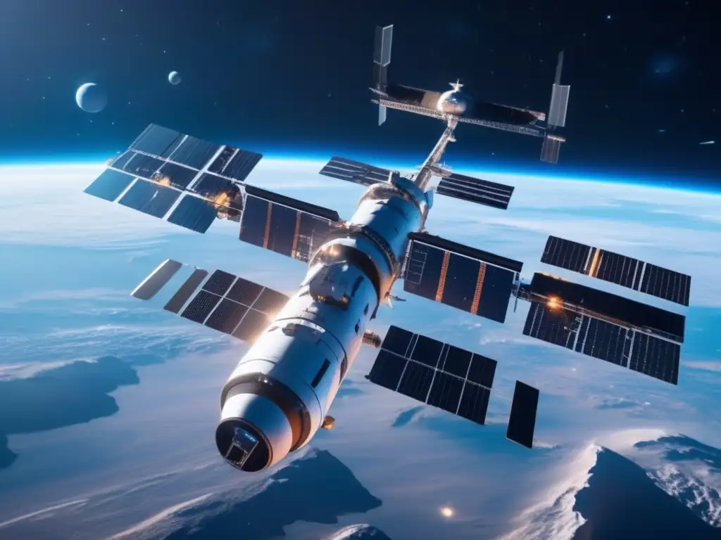 Estación espacial futurista protegiendo la Tierra Estación espacial futurista con sistema de defensa avanzado: Defensa planetaria contra asteroides