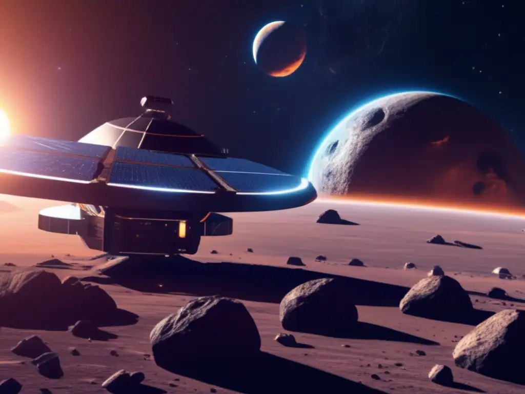 Estación espacial futurista y sostenible orbitando asteroide, con minería ética y sostenible