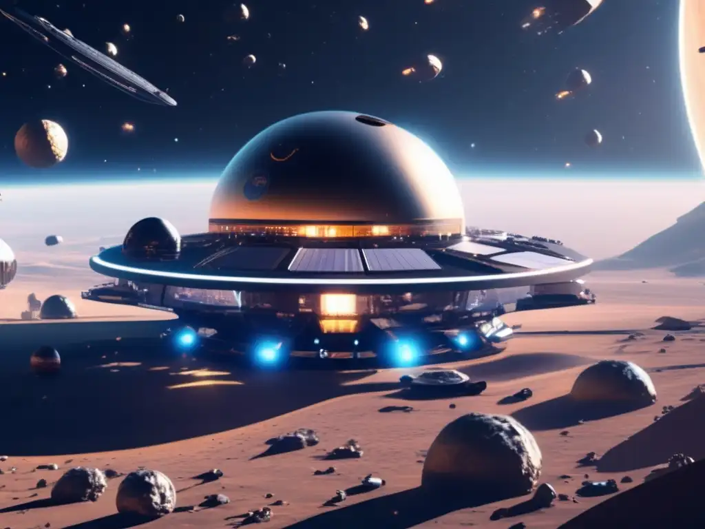 Estación espacial futurista en el espacio Estación espacial futurista y sostenible recolectando materiales de asteroides