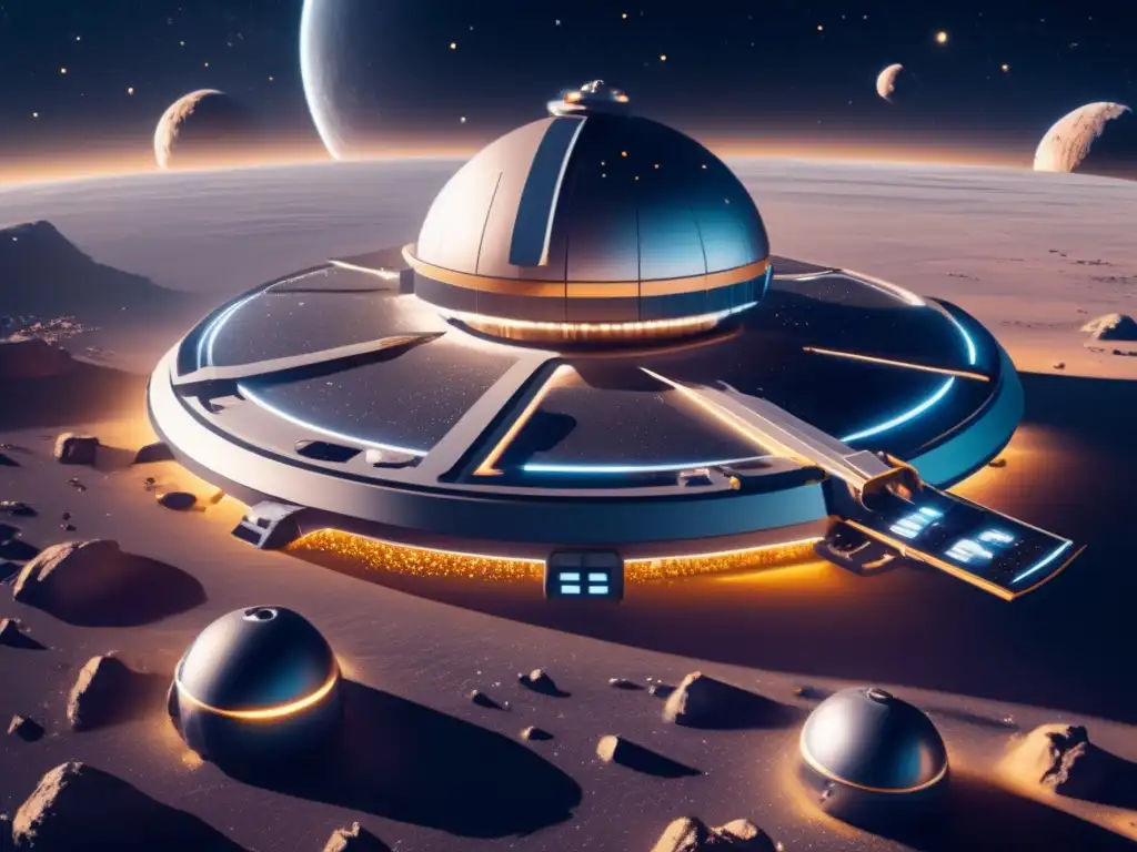 Futurista estación espacial rodeada de asteroides Estación espacial futurista con tecnología avanzada de minería de asteroides y beneficios en biomedicina