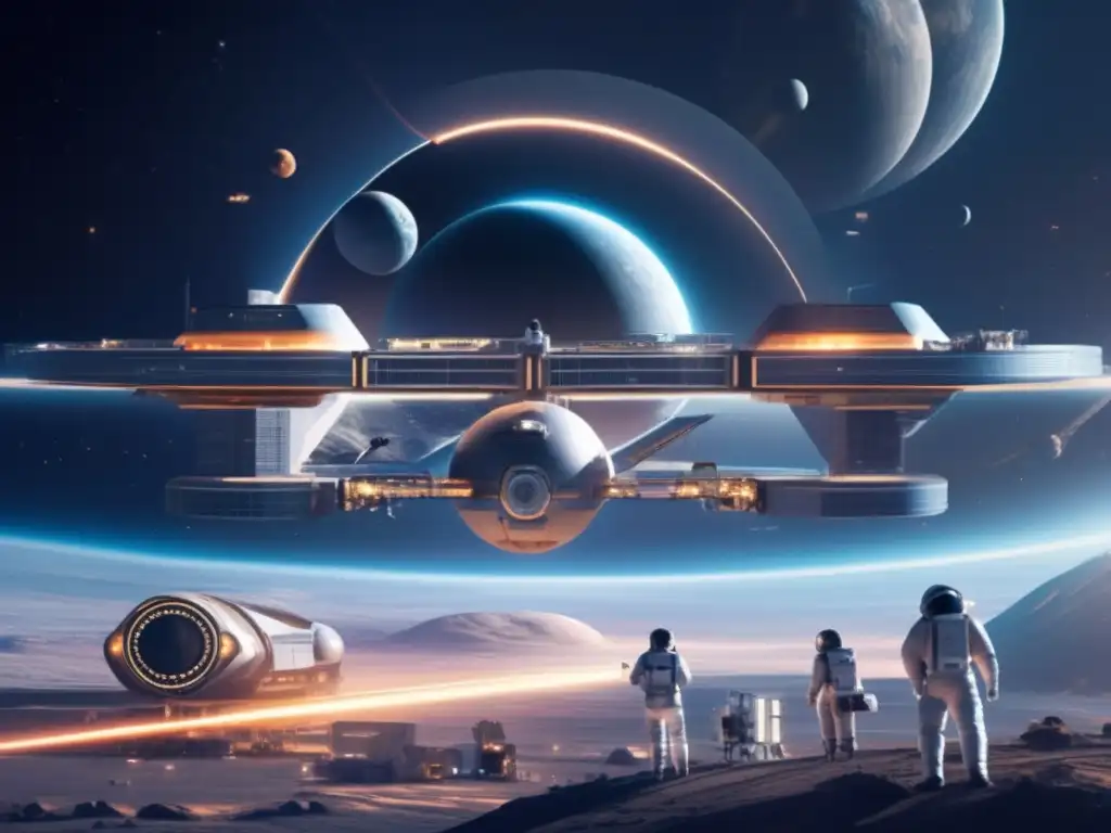 Futurista estación espacial protegiendo la Tierra Estación espacial futurista y tecnología avanzada protegiendo la Tierra de asteroides