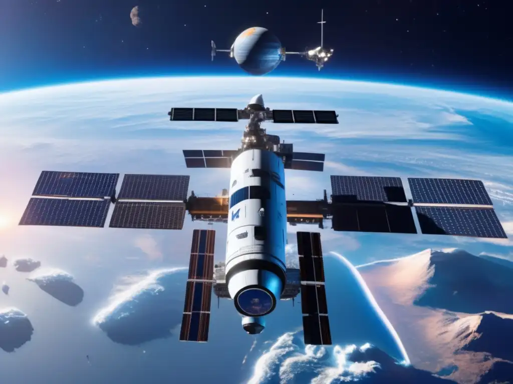 Futurista estación espacial con tecnología avanzada Estación espacial futurista con tecnología avanzada para desviar asteroides, colaboración internacional y políticas de seguridad