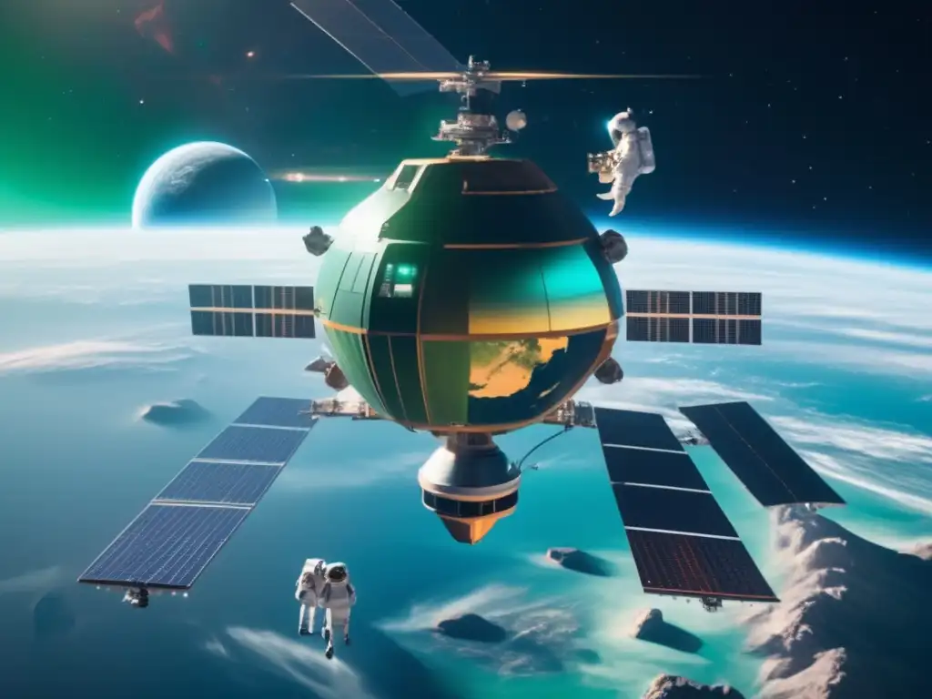 Astronautas protegiendo la Tierra Estación espacial futurista con tecnologías avanzadas de desviación de asteroides