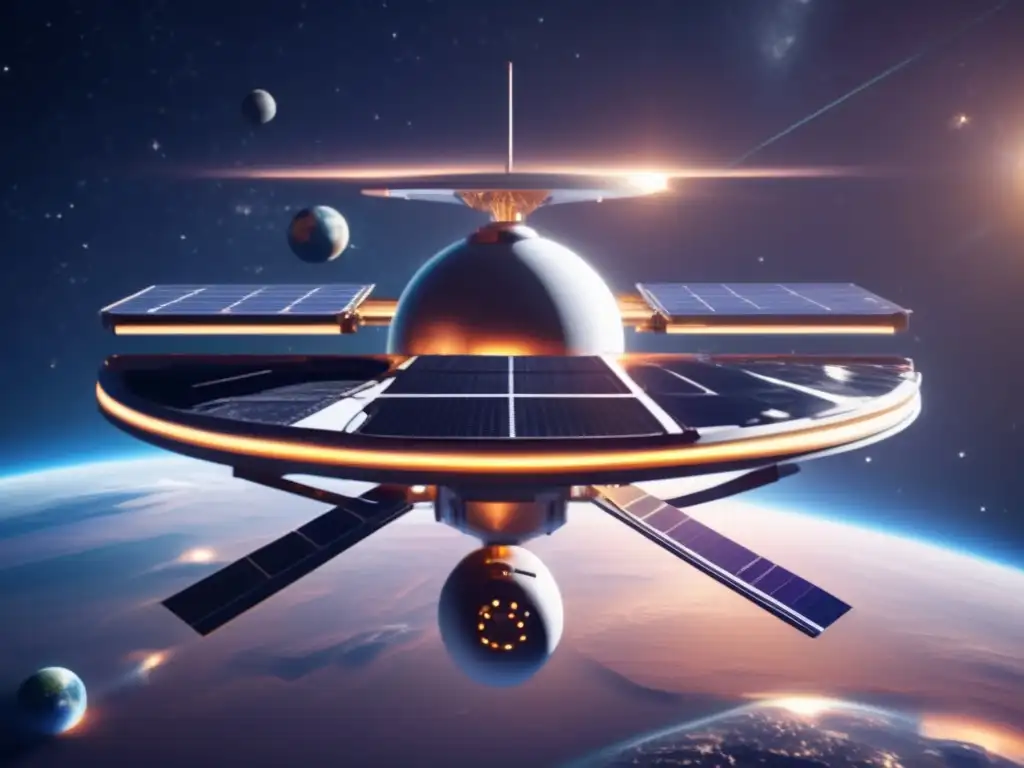 Estación espacial solar futurista orbitando la Tierra Estación espacial futurista orbitando la Tierra, alimentada por satélites solares