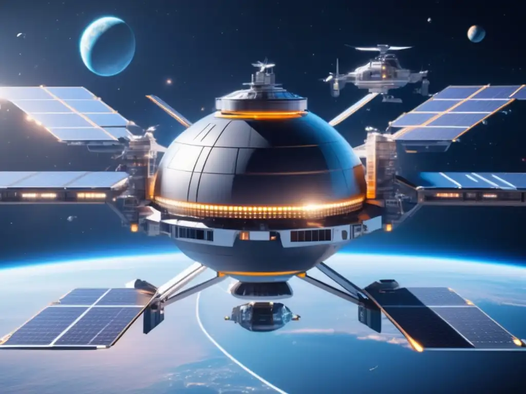 Futurista estación espacial con tecnología avanzada y defensa Estación espacial futurista defendiendo la Tierra de asteroides