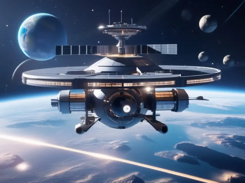 Estación espacial futurista protegiendo la Tierra de asteroides: Estrategias políticas globales contra impactos asteroides