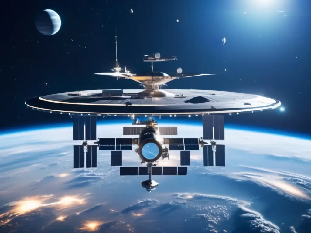 Estación espacial futurista con la Tierra de fondo - Resolver disputas legales sobre asteroides
