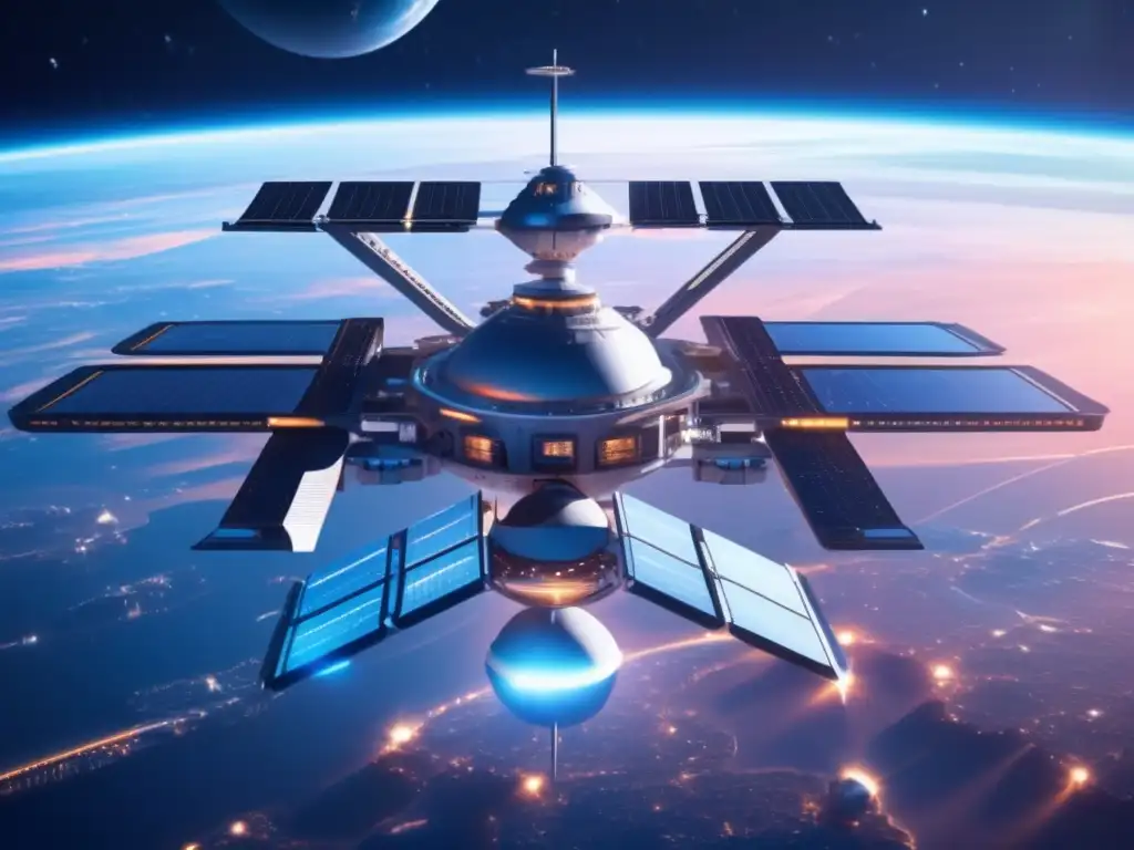 Estación espacial futurista protegiendo la Tierra de impactos de asteroides