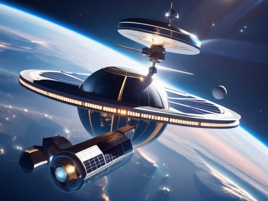 Estación espacial futurista orbitando la Tierra, con ley de propiedad de recursos espaciales