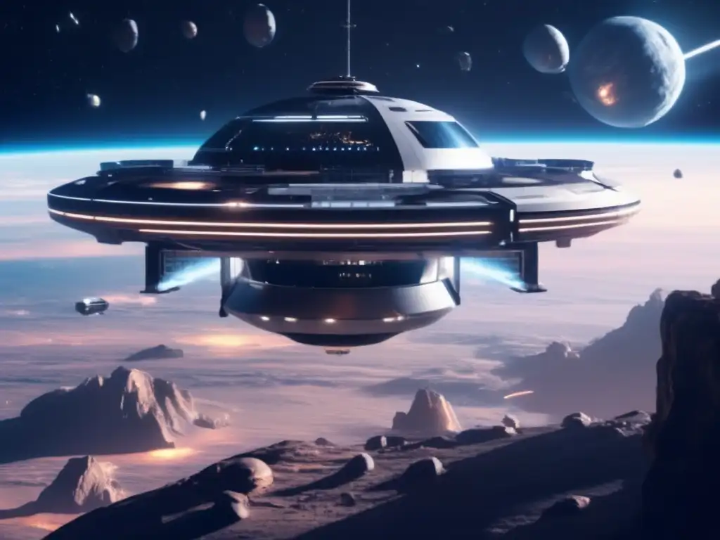 Futurista estación espacial y asteroides Estación espacial futurista con vista astronómica, asteroides y astronautas: Legislación competencia cooperación asteroides