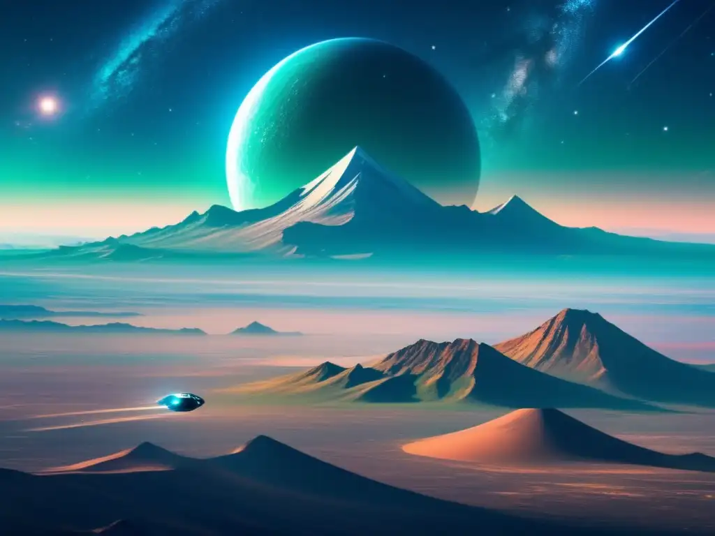 Exploración espacial: Ética y colonización - Imagen impresionante de una nave espacial futurista sobre un planeta vibrante y majestuoso