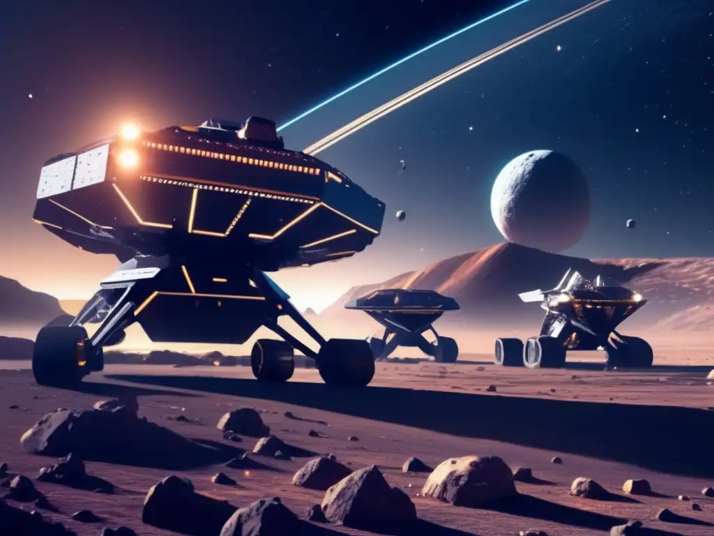 Operación minera espacial en asteroide Exploración espacial: ética y colonización - Operación minera futurista en un asteroide, destacando la ingenuidad humana y el avance tecnológico