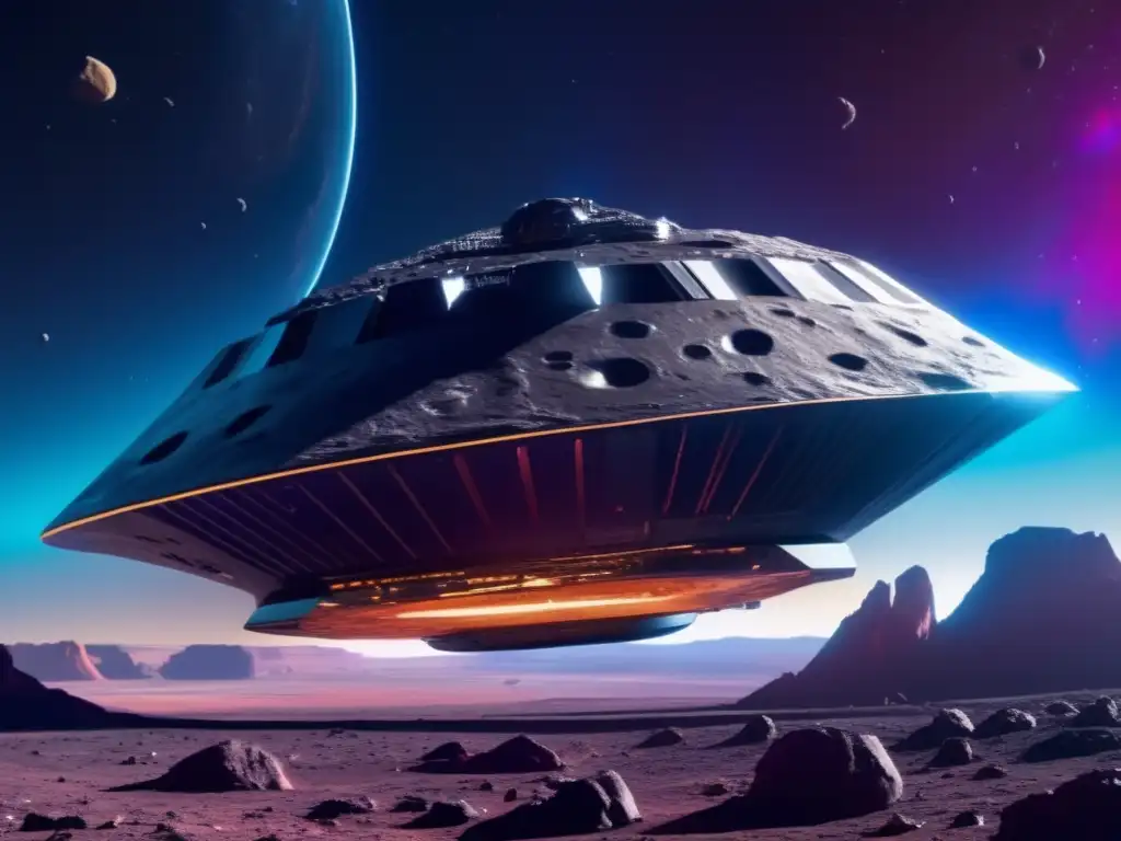 Misión espacial: nave futurista en asteroide Misión espacial: nave futurista y asteroide, tecnología y vastedad del espacio