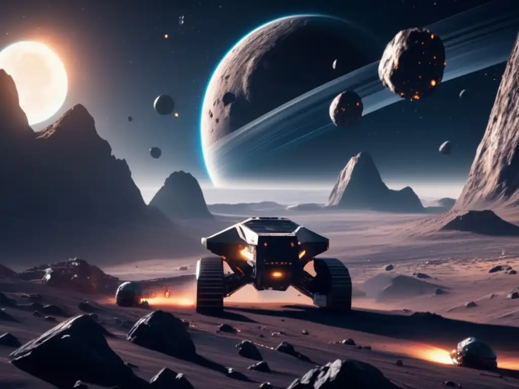 Futurista operación minera espacial Misión espacial en órbita de asteroides: avanzada extracción de recursos con precisión y tecnología futurista