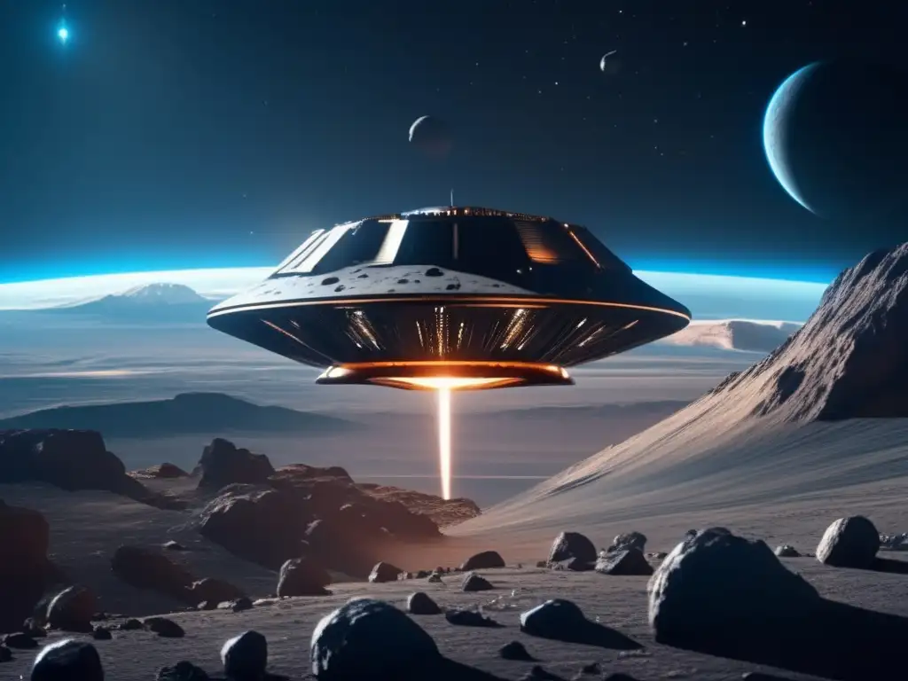 Nave espacial futurista sobre asteroide Misión espacial: Evaluación de riesgos de asteroides