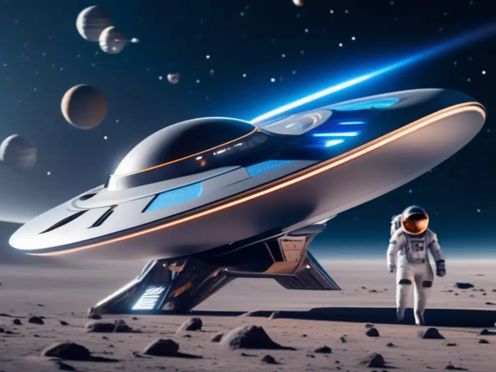 Nave espacial futurista y equipo de astronautas evaluando asteroides Misión espacial: evaluar riesgos asteroides